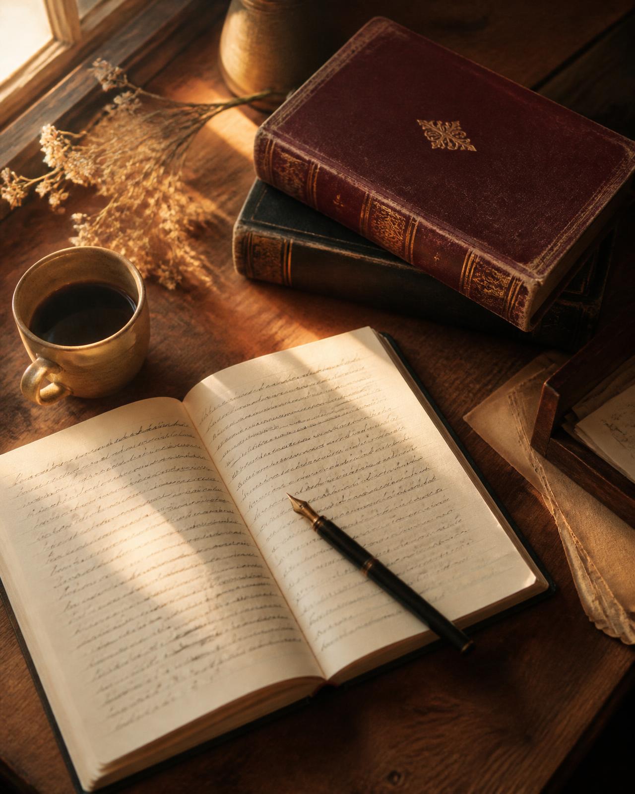 Escritorio de escritora con cuaderno abierto, pluma, taza de café y libros antiguos